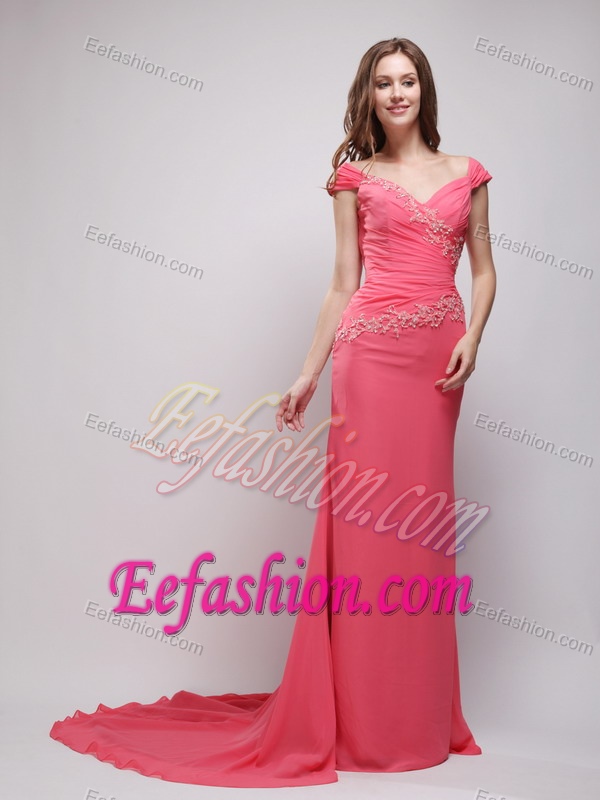 Watermelon V-neck Brush Train Ruched Chiffon Celebrity Dress with Appliques