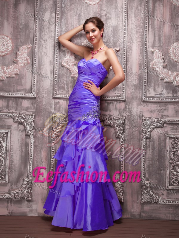Sweetheart Long Purple Ruched Layered Celebrity Dress with Appliques