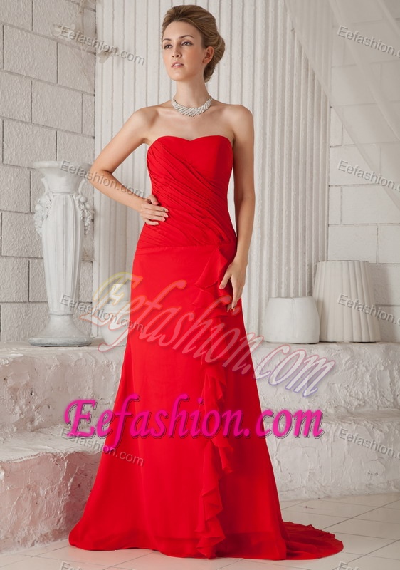 Red Strapless Brush Train Flounced Ruched Chiffon Celebrity Dresses for Cheap