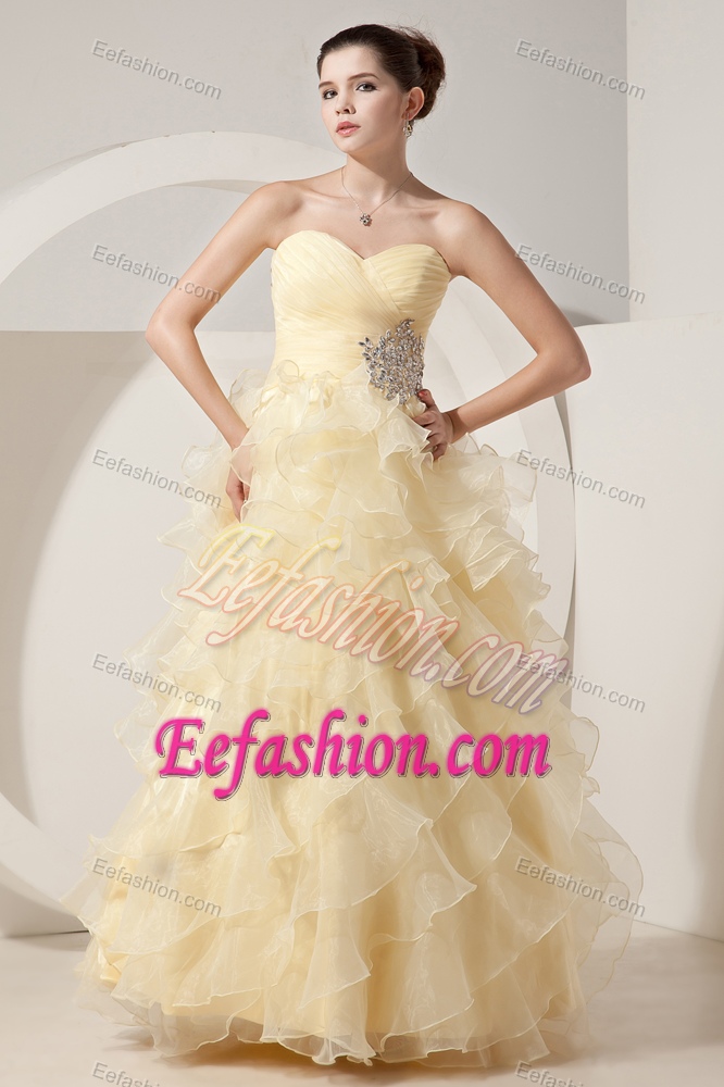 Light Yellow Sweetheart Long Ruched Beaded Celebrity Dress with Ruffles