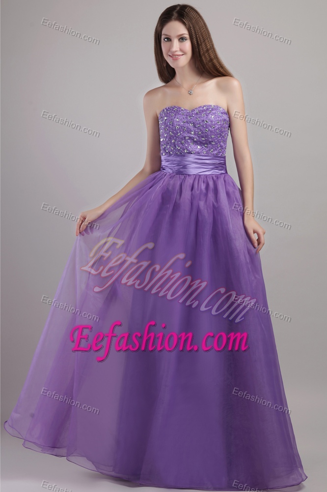 Sweetheart Long Purple Organza Celebrity Evening Dress with Beading