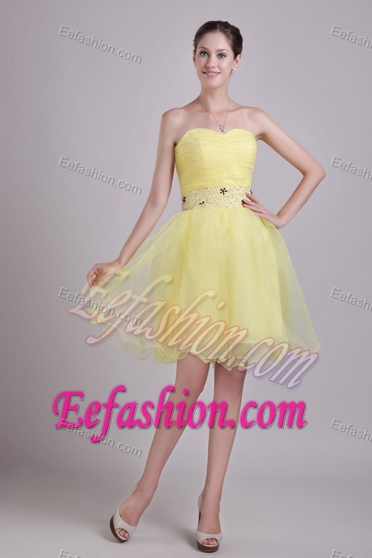 Yellow A-line Sweetheart Discount Organza Celebrity Party Dress with Ruches