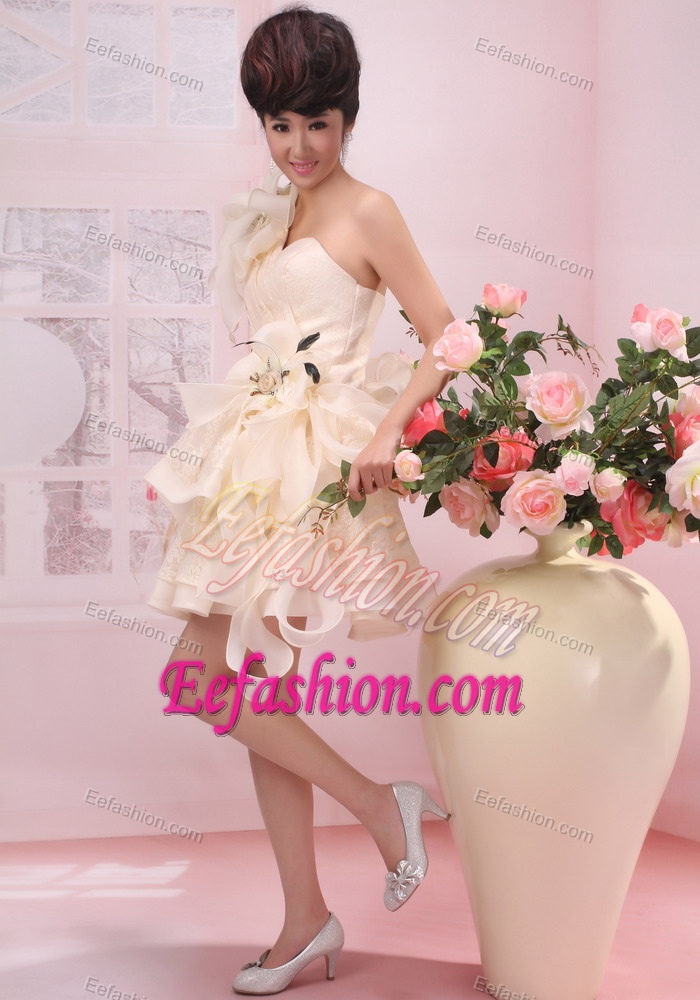 One Shoulder Champagne Flowers Romantic Celebrity Party Dress for Spring