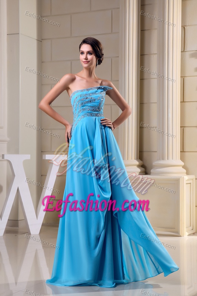 Exquisite Strapless Brush Train Aqua Beaded Celebrity Party Dress for Prom