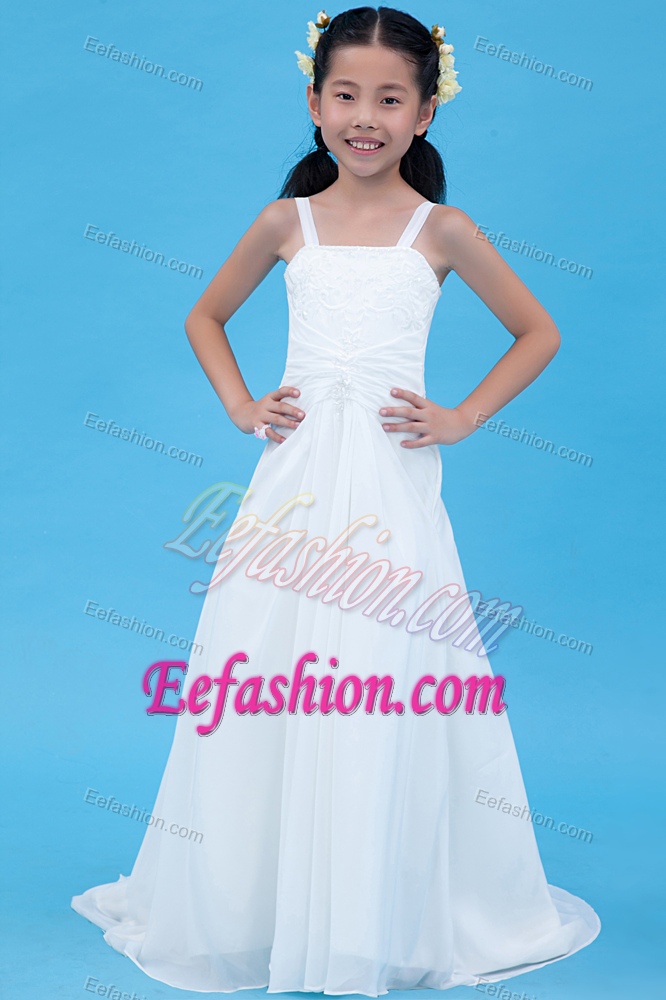 White A-line Chiffon Cinderella Pageant Dress with Brush Train and Embroidery