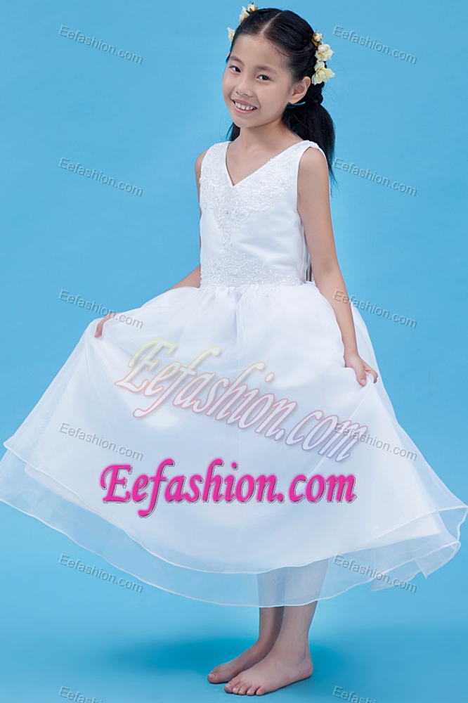 A-line V-neck Ankle-length Organza Cinderella Pageant Dresses with Appliques