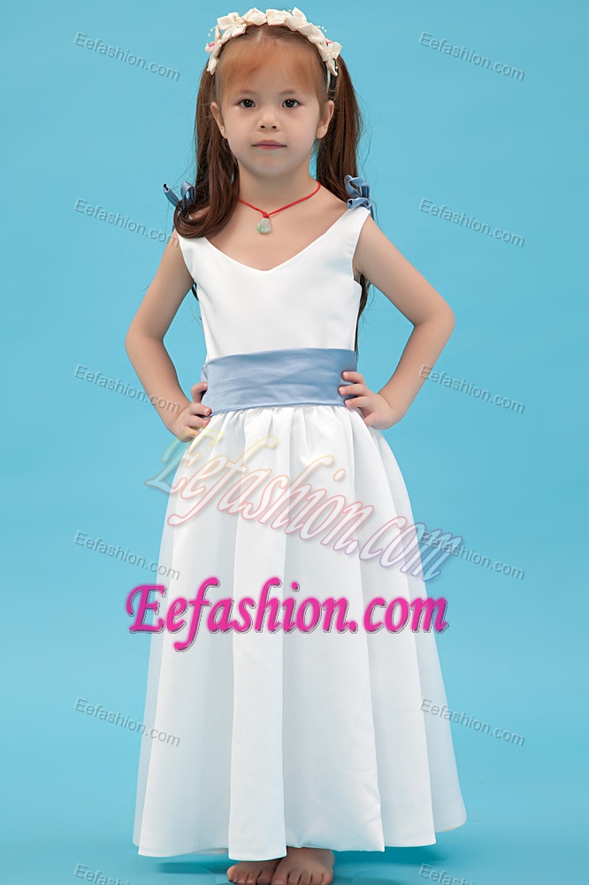 White V-neck Ankle-length Cinderella Pageant Dress on Promotion