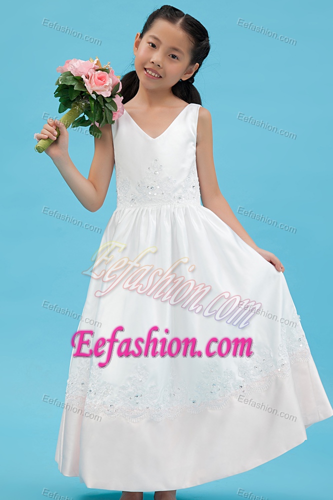 White V-neck Ankle-length Satin Cinderella Pageant Dress with Appliques