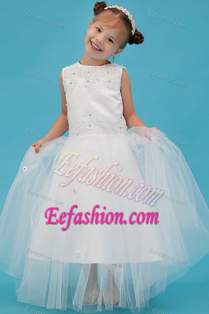 White A-line Scoop Tulle Cinderella Pageant Dresses with Appliques for Cheap
