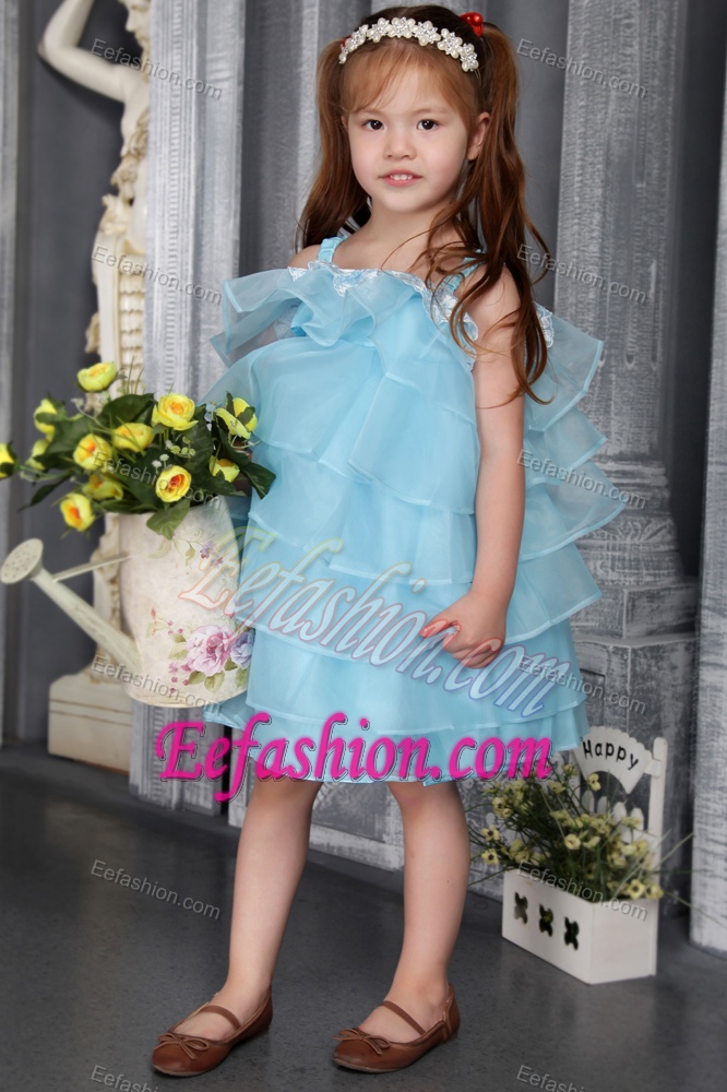 Light Blue A-line Straps Knee-length Organza Beaded Cinderella Pageant Dress