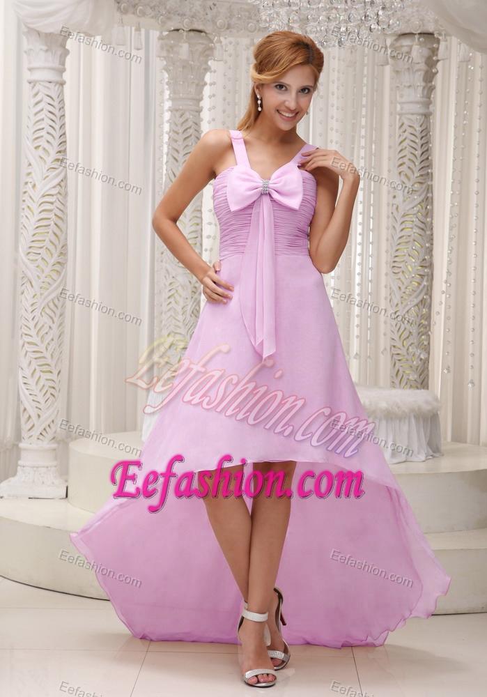 Baby Pink Beautiful High-low Ruched and Beaded Cocktail Dress with Bowknot