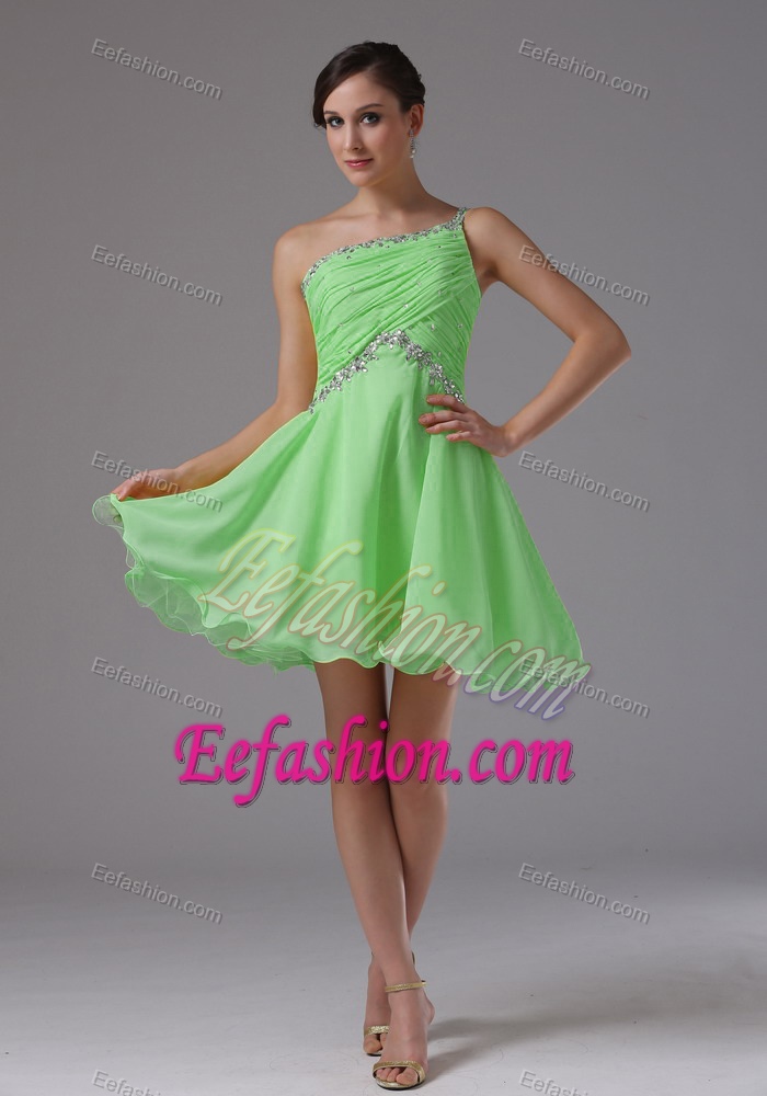 One Shoulder Green Ruched and Beaded Mini-length Cocktail Dress on Promotion