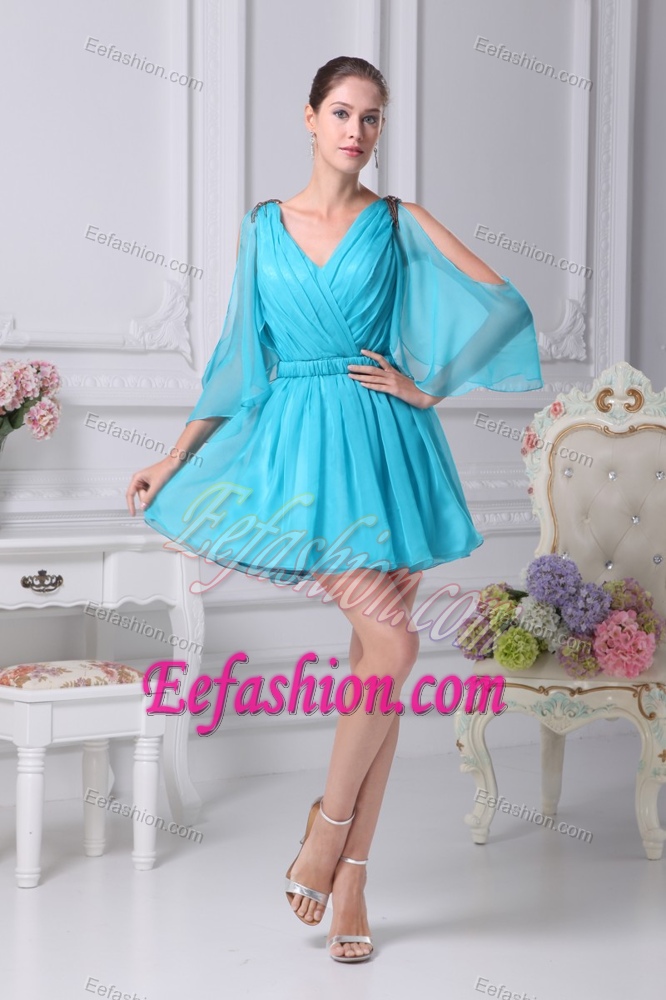 Chic V-neck Long Open Sleeves Mini-length Ruched Aqua Blue Cocktail Dress