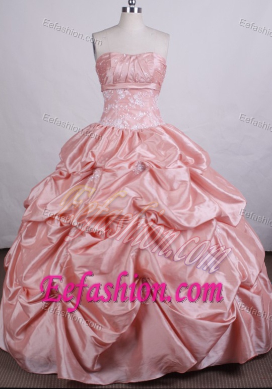 Peach Pink Urbane Strapless Quinceanera Dresses with Pick-ups Made in Taffeta
