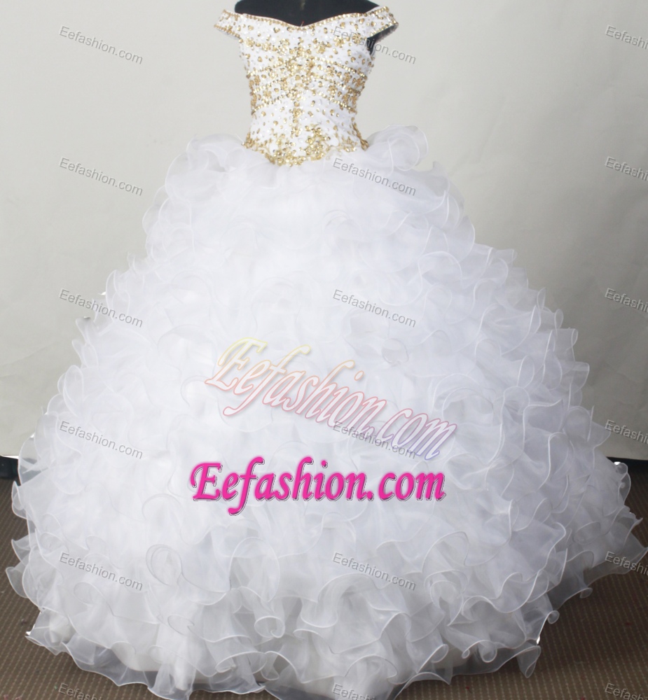 Dazzling Off The Shoulder Quinceanera Dresses with Ruffles in White with Beading