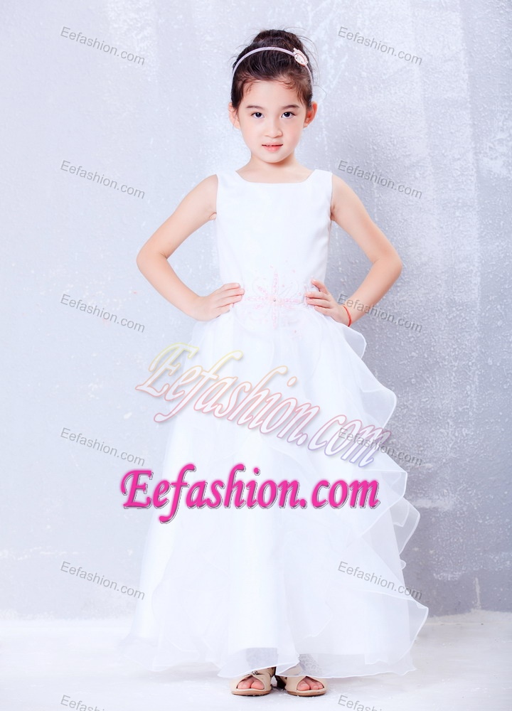 A-line Scoop Ankle-length Organza Beaded Little Flower Girl Dress on Promotion