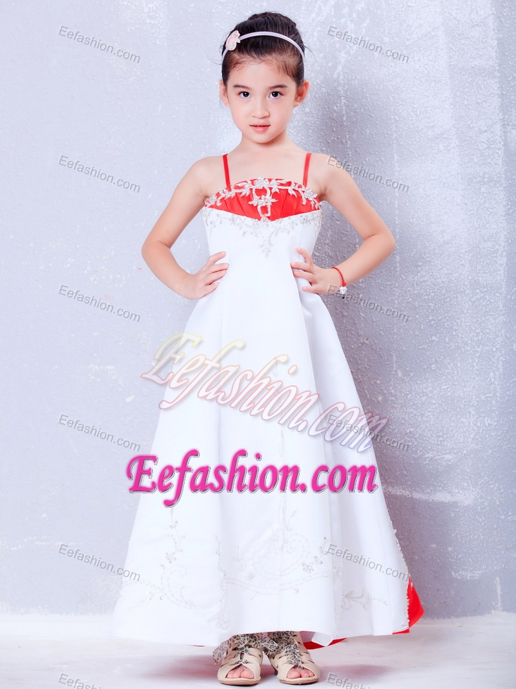 White and Red Satin Little Flower Girl Dress with Embroidery Decorated on Sale