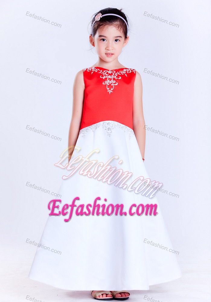 White and Red A-line V-neck Ankle-length Bow Embroidery Flower Girl Dresses