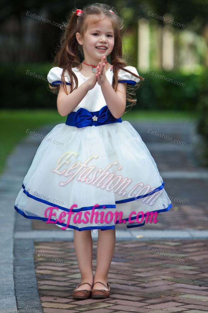 Blue and White Knee-length and Organza Little Flower Girl Dress with Bow