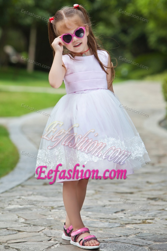 Pink Ball Gown Scoop Tea-length Dress for Flower Girl with Appliques for Cheap