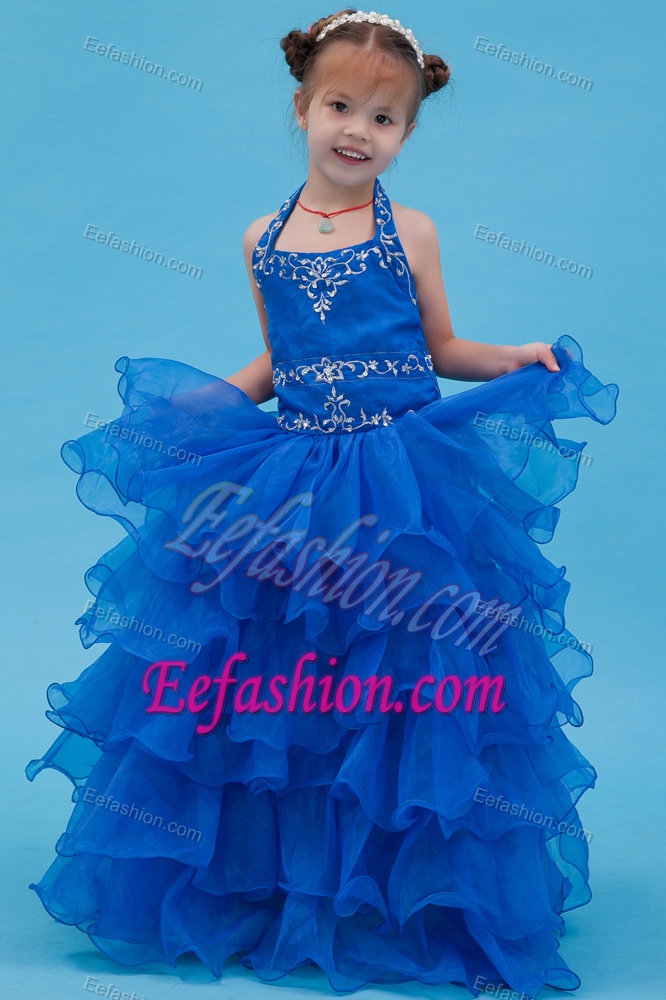 Blue Halter Top Organza Flower Girl Dresses with Appliques and Ruffled Layers
