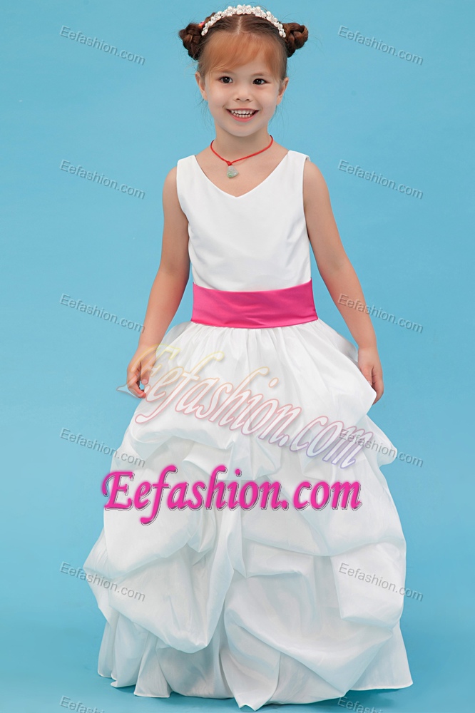 White A-line V-neck Ankle-length Flower Girl Dress with Pick-ups on Sale