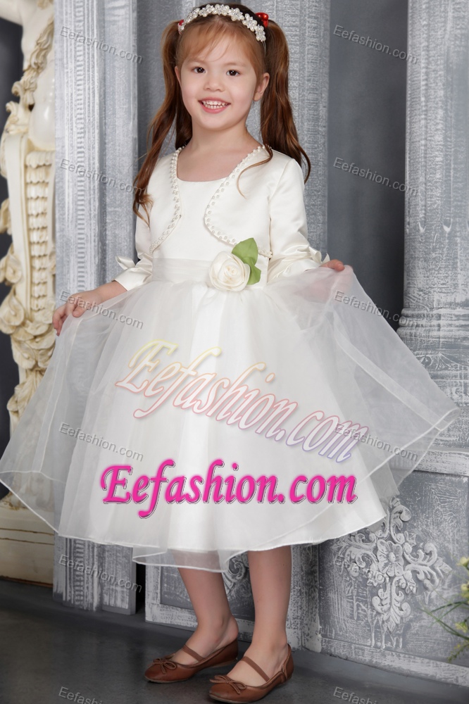 White Princess Scoop Tea-length Flower Girl Dress for Cheap in Organza