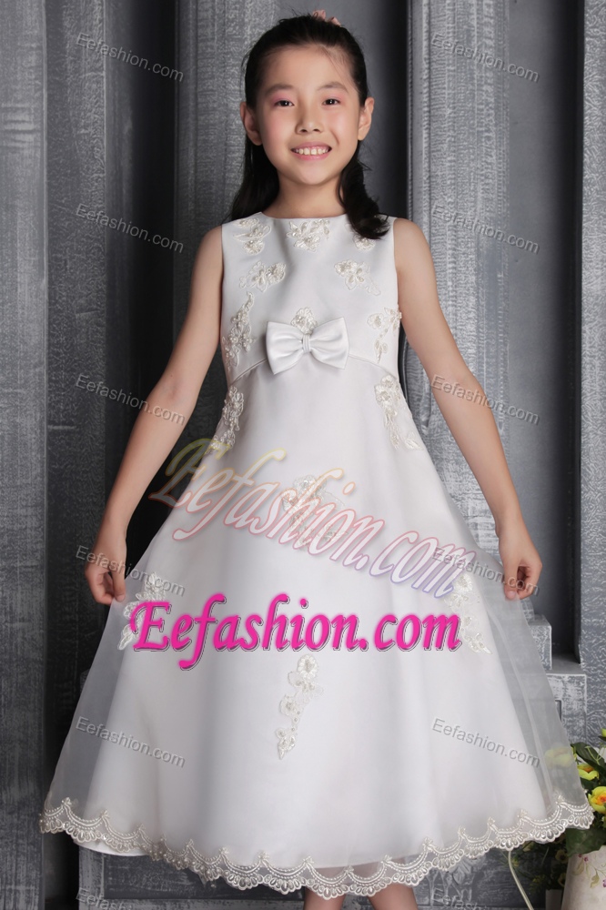 White A-line Cheap Scoop Beaded Tea-length Flower Girl Dress in Organza