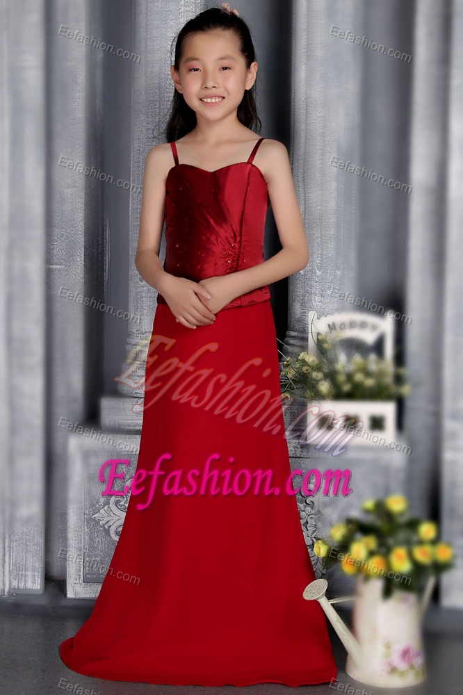 Low Price Wine Red Straps Flower Girl Dress for Summer
