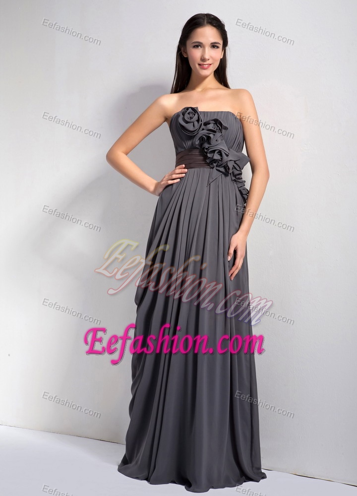 Gray Strapless Long Drapped Ruched Party Dama Dress with Flowers