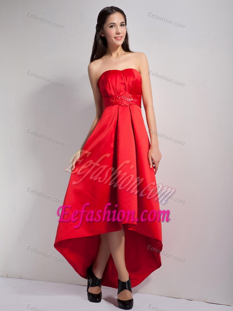 Strapless High-low Hot Red Ruched Dama Dresses with Beaded Waist