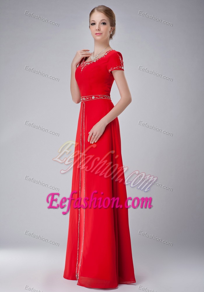 Hot Red Scoop Short Sleeves Long Beaded Formal Dresses for Dama