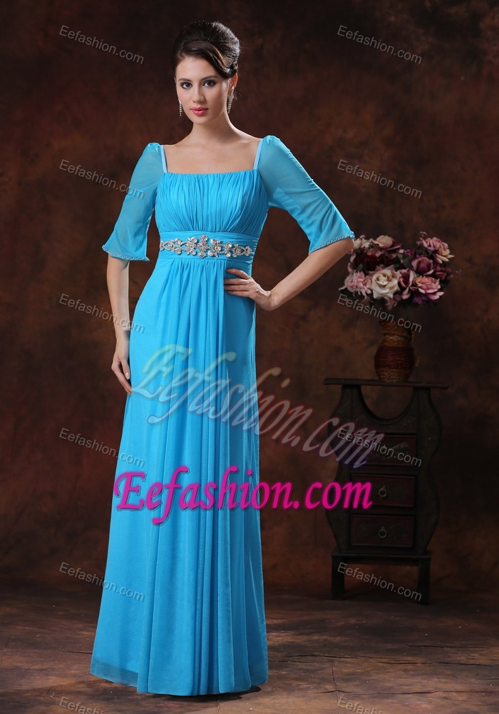 Square Half Sleeves Long Sky Blue Ruched Dama Dress with Beading