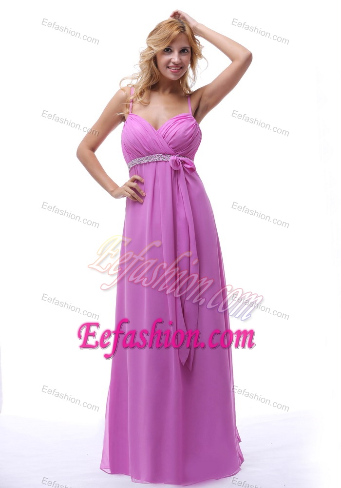 Spaghetti Straps Long Lavender Ruched Dama Dresses with Beading