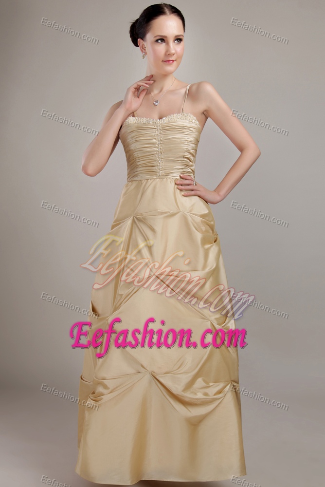 Spaghetti Straps Champagne Ruched Dama Dress with Beading and Pick-ups