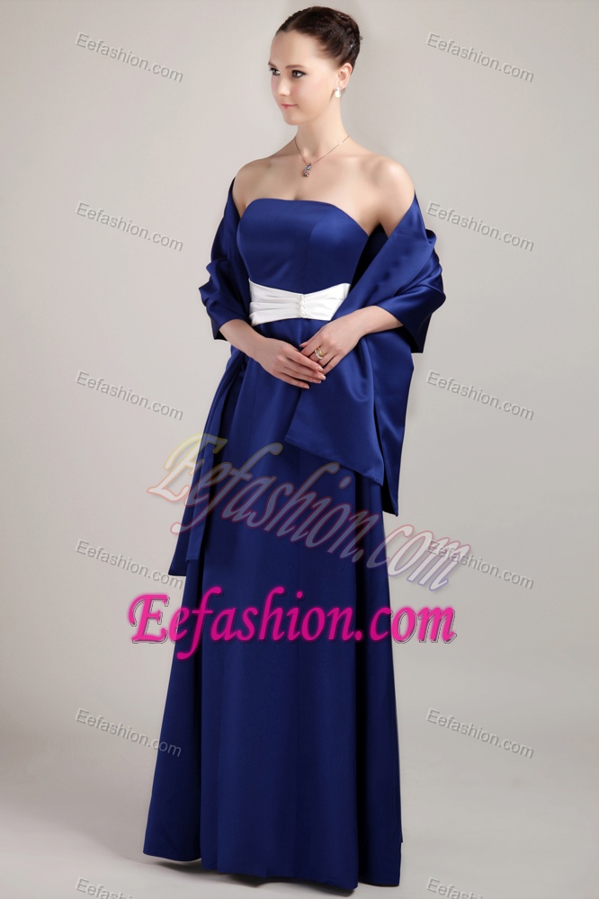 Strapless Long Royal Blue Dama Dresses with Shawl and White Sash