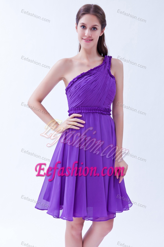 One Shoulder Knee-length Purple Ruched Chiffon Cocktail Dress for Dama