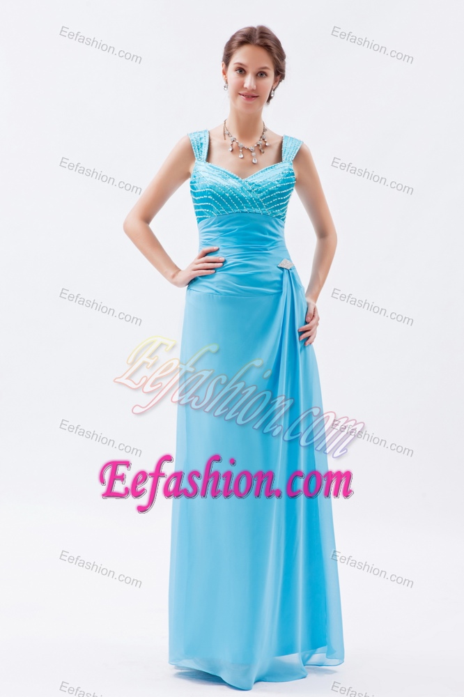 Aqua Blue Straps Long Chiffon Dama Quinceanera Dresses for Cheap