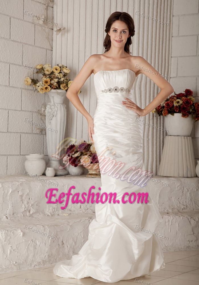 Champagne Mermaid Ruched Strapless Beaded Wedding Dress with Pick-ups