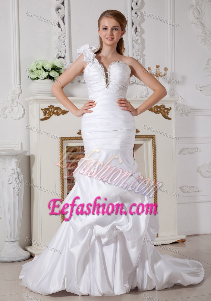 Best One Shoulder Court Train Ruched Beaded Wedding Dress with Pick-ups