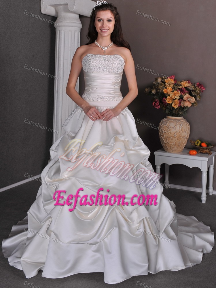 New Strapless Court Train Ruched Wedding Dress with Pick-ups and Beading
