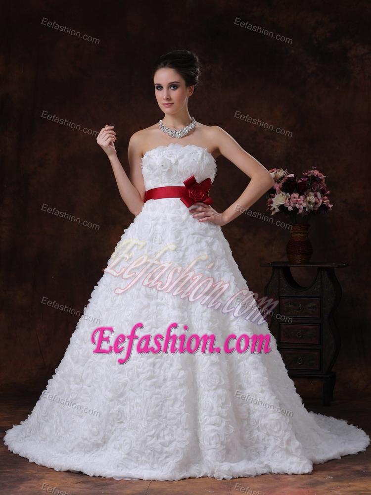 Brush Train Strapless Princess Floral Embossed Wedding Dress with Flower