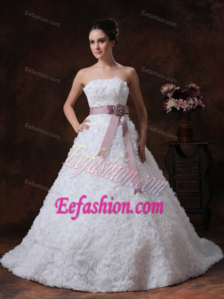 Strapless Brush Train Princes Special Embossed Wedding Dress with Flower