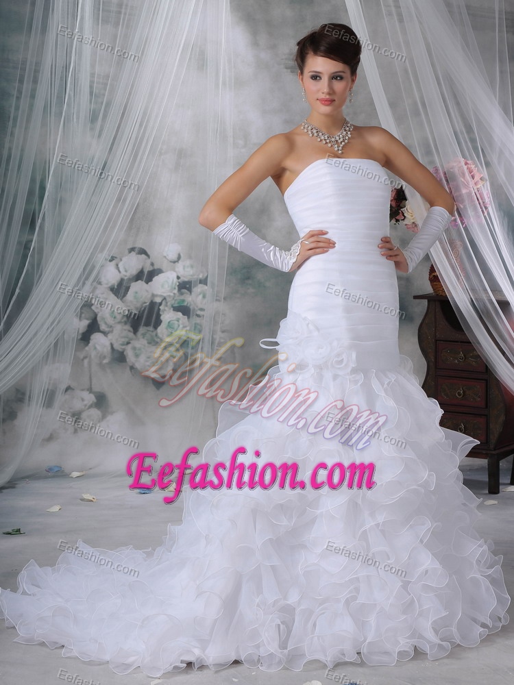 Ruched Strapless Court Train Organza Wedding Dress with Ruffles and Flower