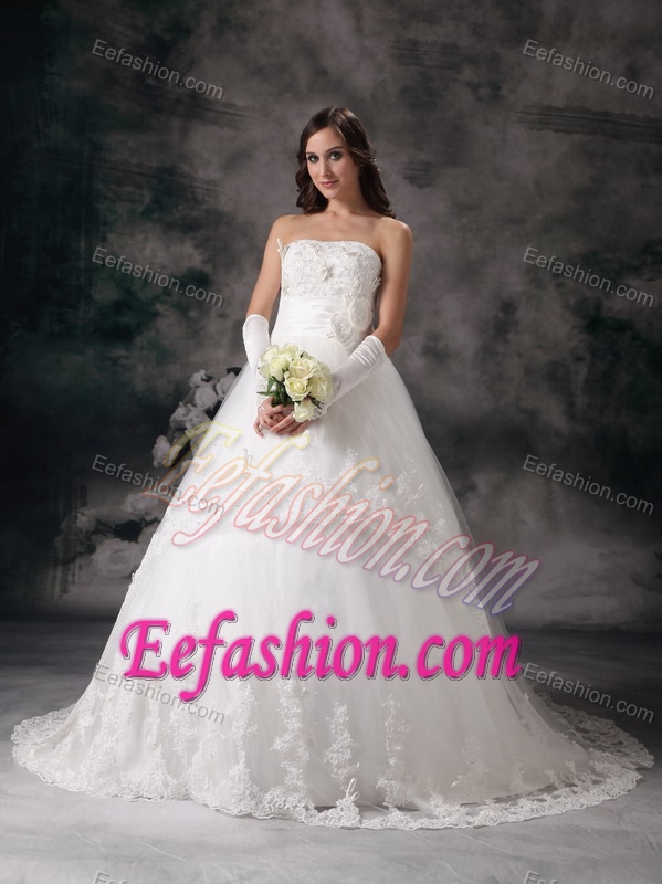 Strapless Court Train Princess Wedding Dresses with Appliques and Flowers
