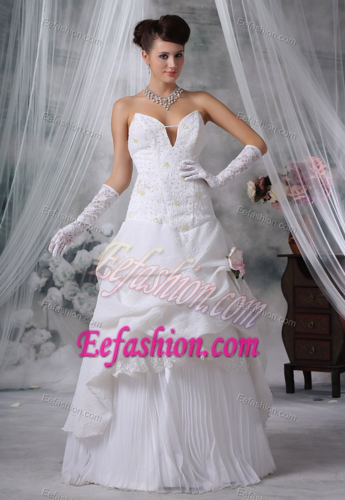 Cool Neckline Long Appliqued Wedding Dress with Pick-ups on Sale