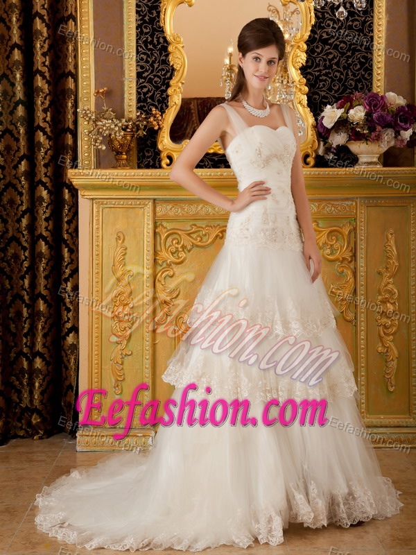 Champagne Straps Brush Train Tulle Layered Wedding Dresses with Appliques