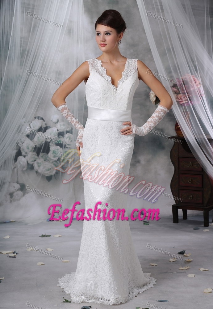V-neck Straps Brush Train Lace Summer Garden Wedding Dresses with Bow