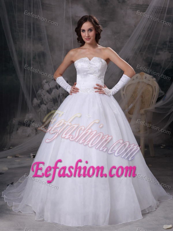 Slot Neckline Court Train Organza Wedding Gowns with Appliques for Cheap