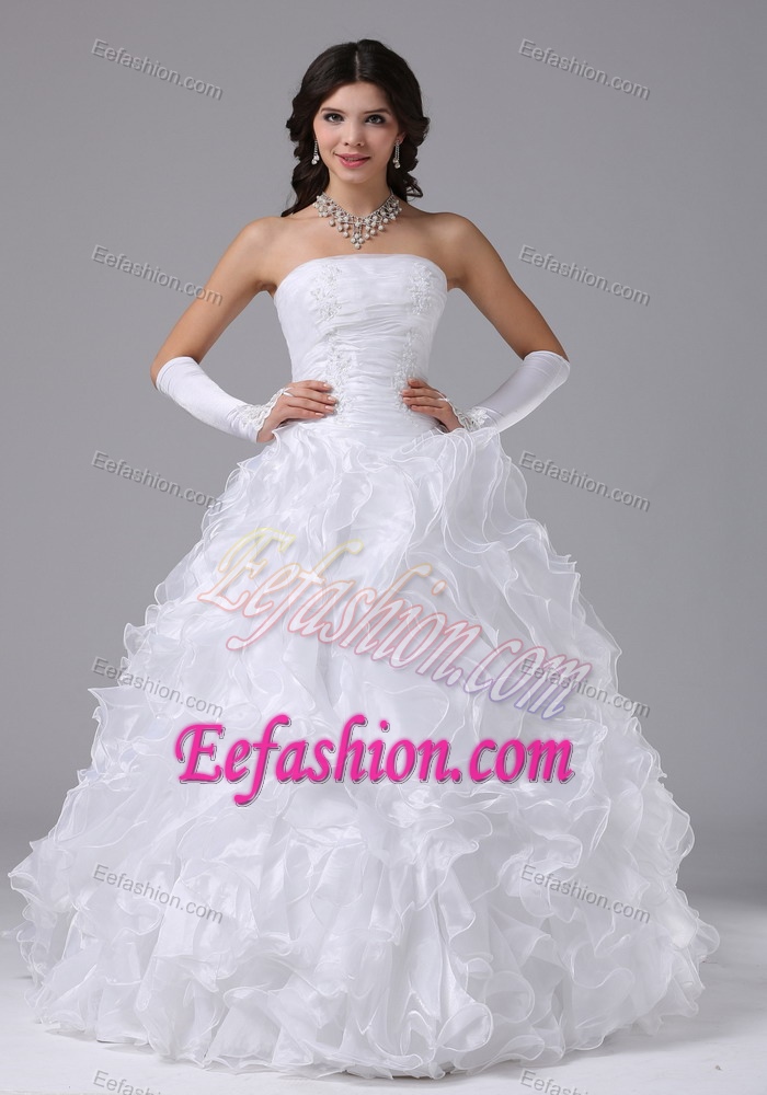 Strapless Long Ruched Appliqued Wedding Dress with Ruffles
